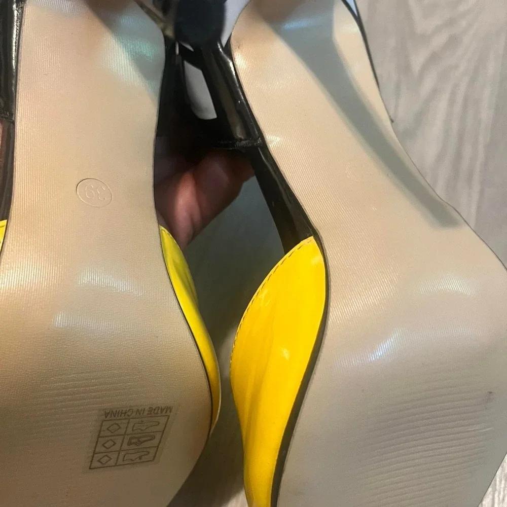 Patent Yellow Black And White Butterfly Accent  Pointed-Toe Heels Size 39